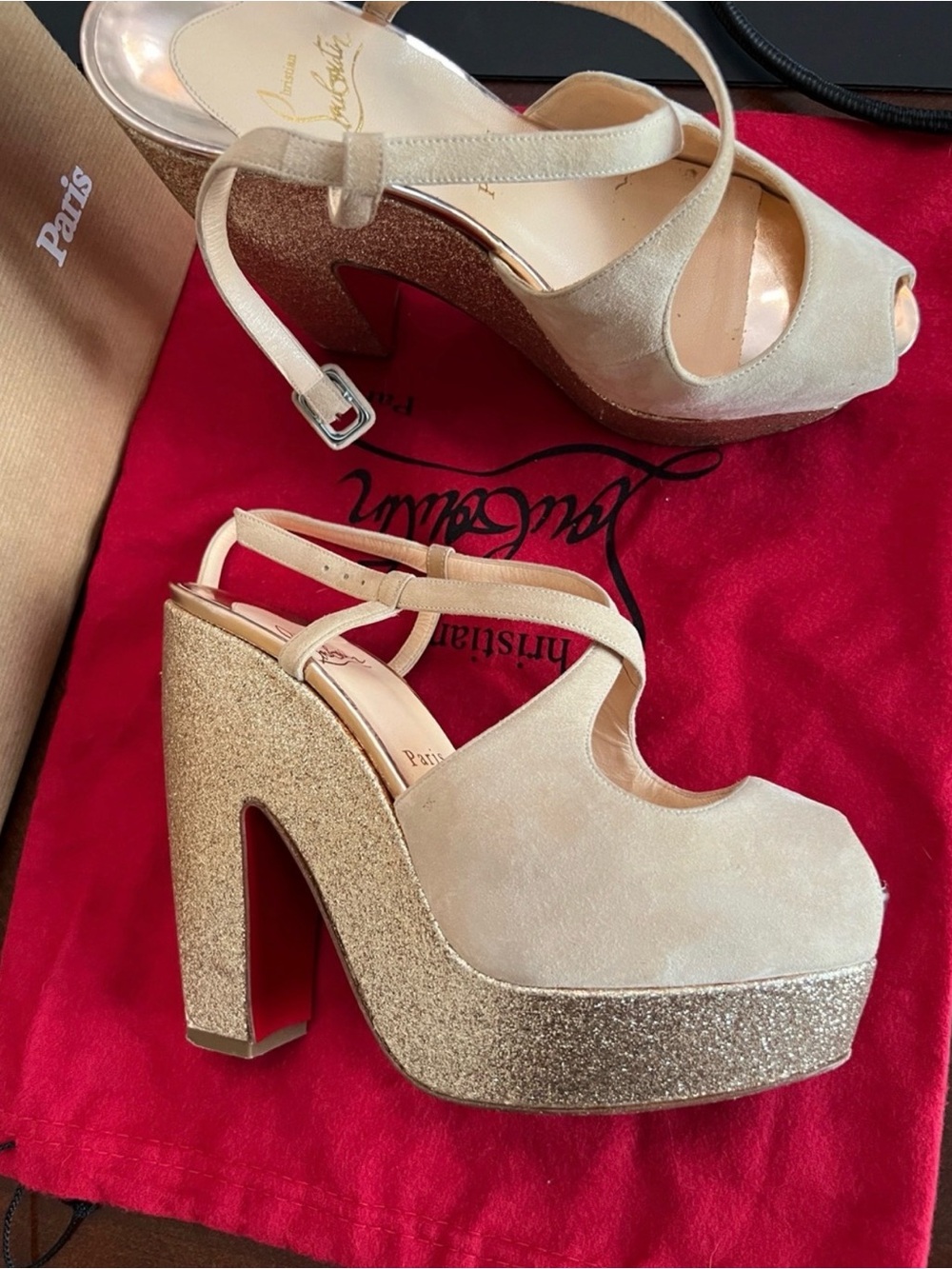 Christian Louboutin Beige Suede Platform Sandals with Gold Glitter Block Heel